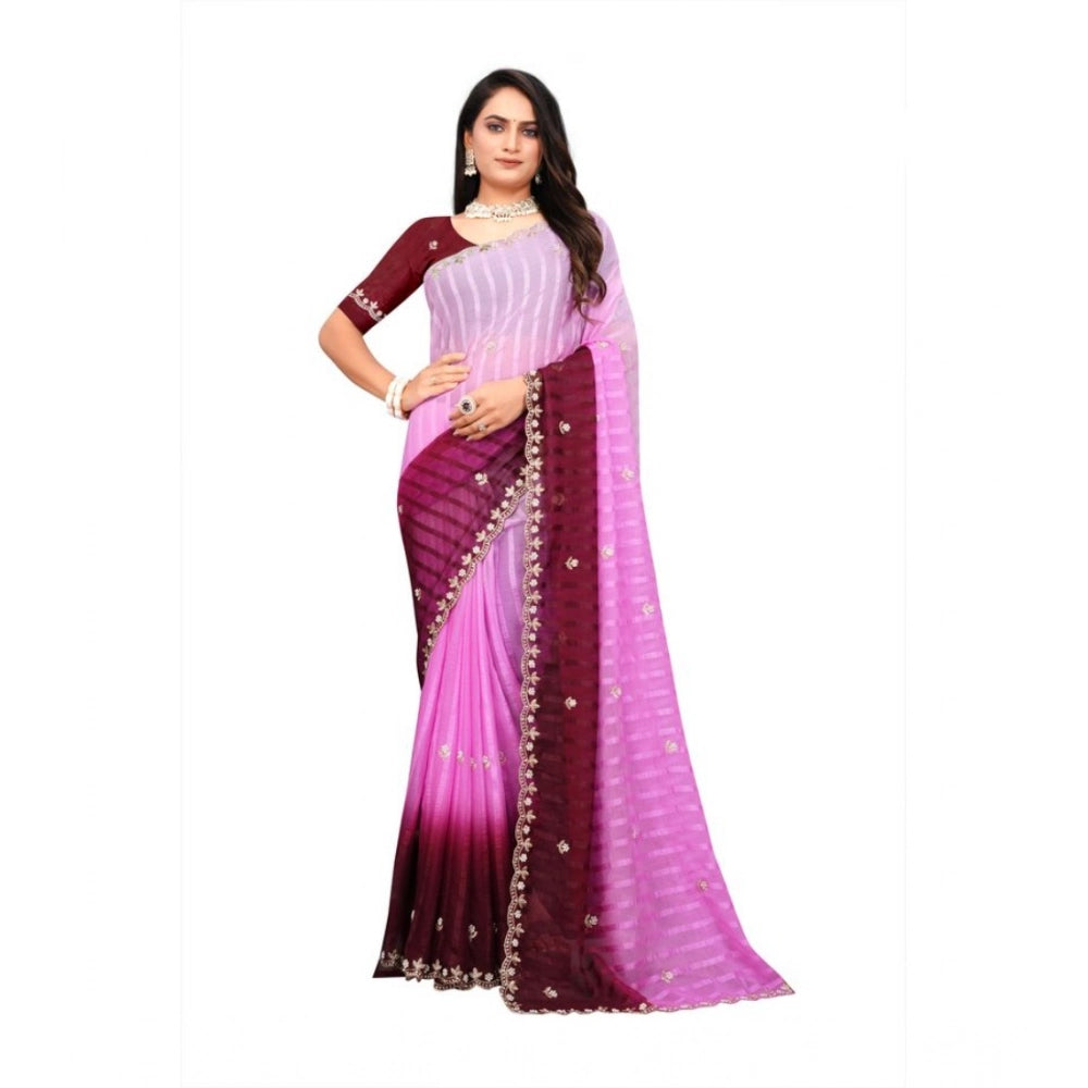 Generic Women's Chiffon Embroidred Saree With Unstitched Blouse 5.5Mtr (Pink) Main image