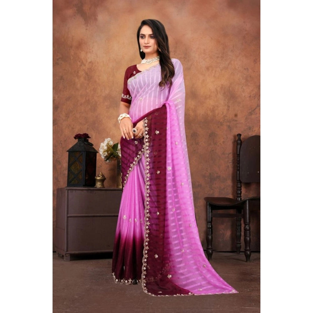 Generic Women's Chiffon Embroidred Saree With Unstitched Blouse 5.5Mtr (Pink) Secondary image