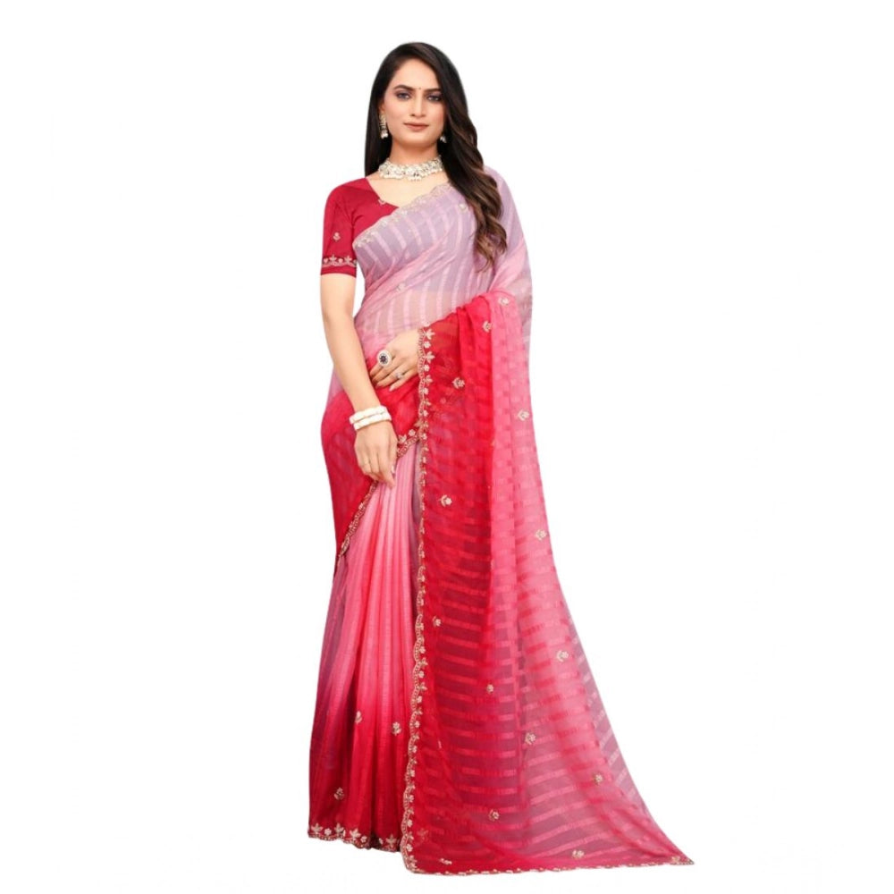 Generic Women's Chiffon Embroidred Saree With Unstitched Blouse 5.5Mtr (Pink)