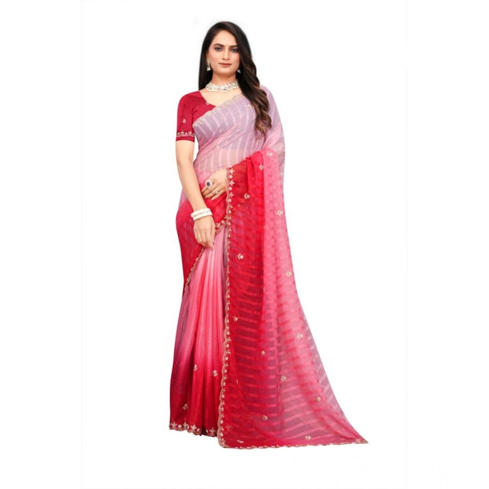 Generic Women's Chiffon Embroidred Saree With Unstitched Blouse 5.5Mtr (Pink) Main image