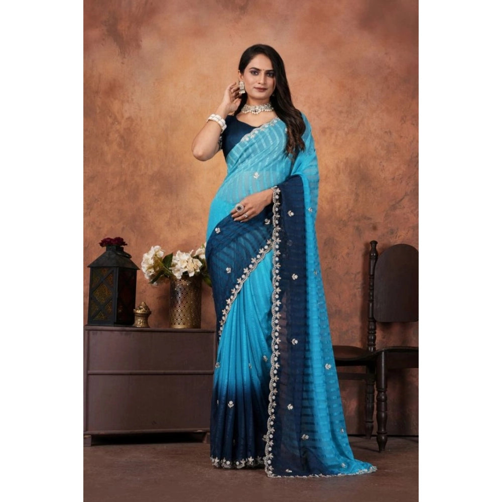 Generic Women's Chiffon Embroidred Saree With Unstitched Blouse 5.5Mtr (Light Blue) Main image