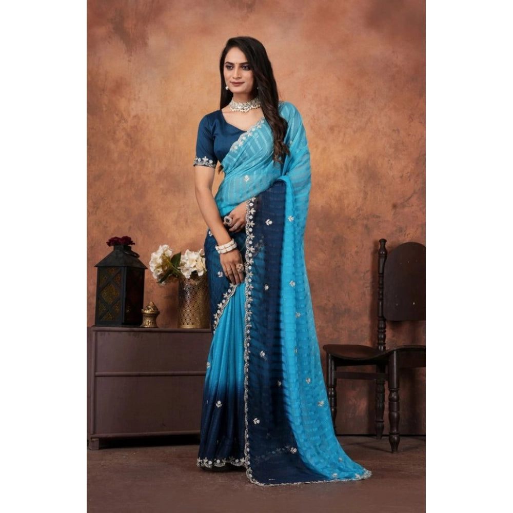 Generic Women's Chiffon Embroidred Saree With Unstitched Blouse 5.5Mtr (Light Blue) Secondary image