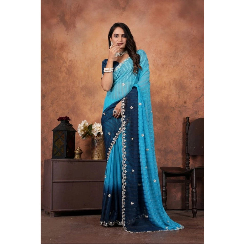 Generic Women's Chiffon Embroidred Saree With Unstitched Blouse 5.5Mtr (Light Blue)