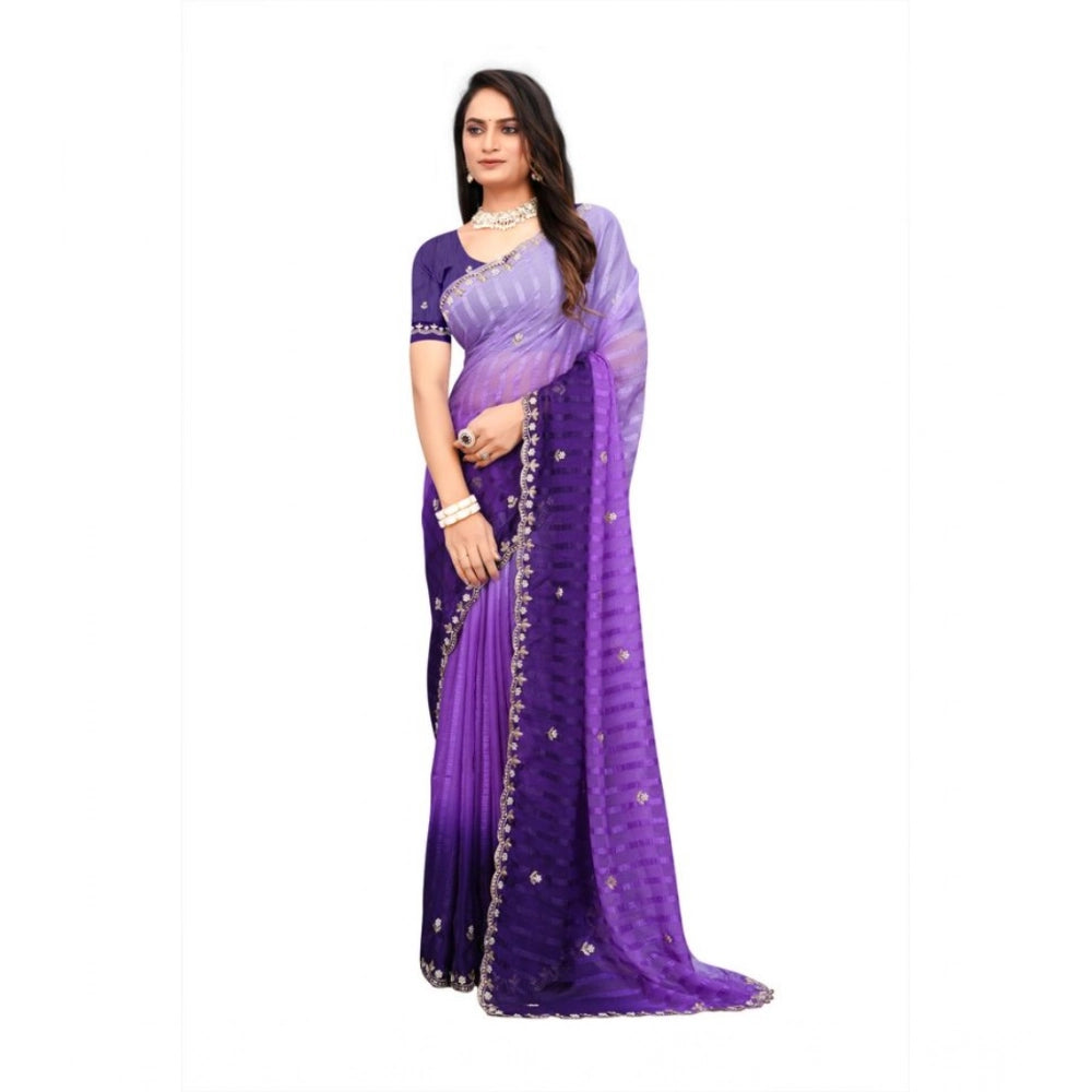 Generic Women's Chiffon Embroidred Saree With Unstitched Blouse 5.5Mtr (Purple) Main image
