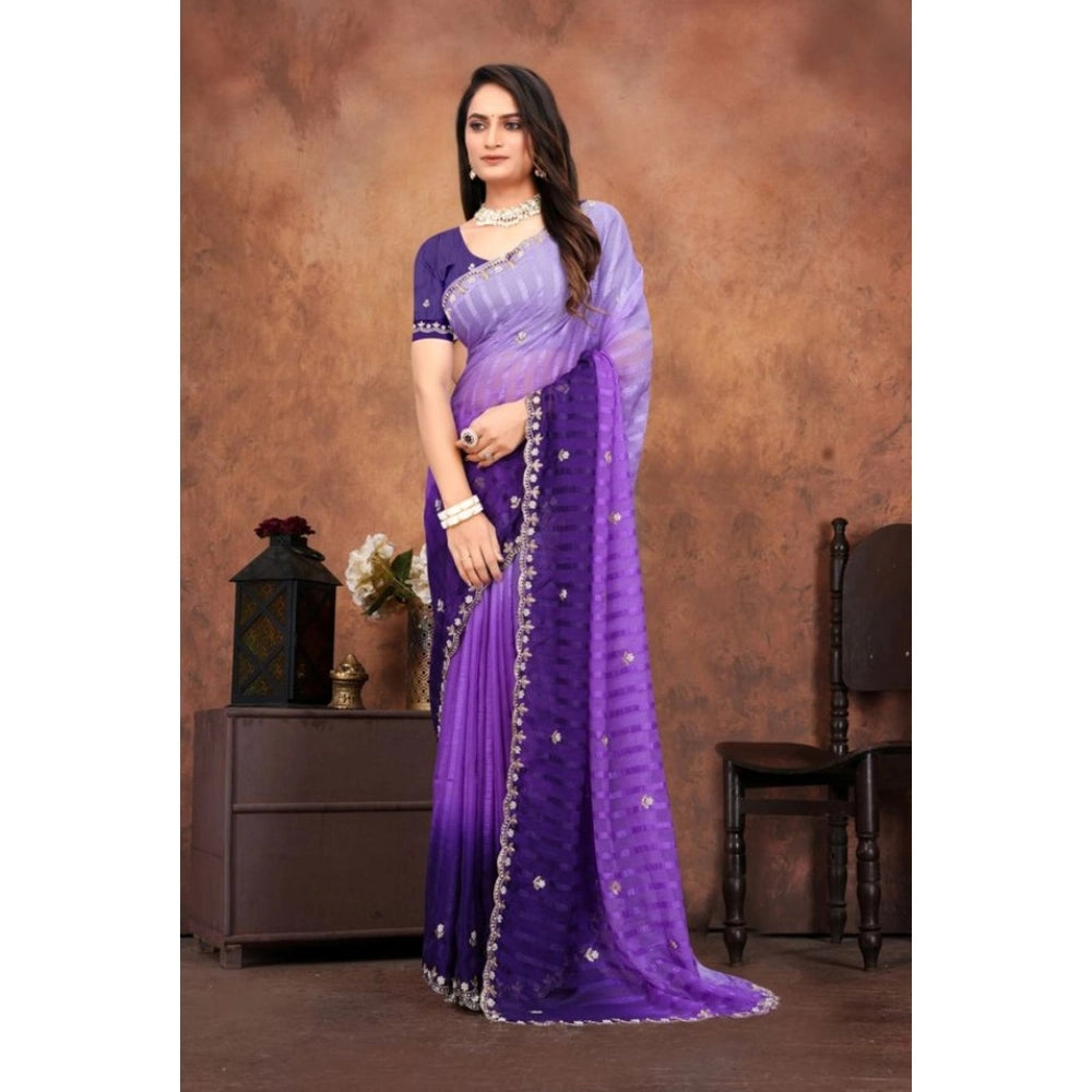 Generic Women's Chiffon Embroidred Saree With Unstitched Blouse 5.5Mtr (Purple) Secondary image