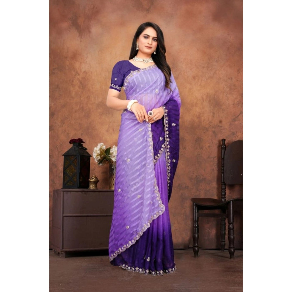 Generic Women's Chiffon Embroidred Saree With Unstitched Blouse 5.5Mtr (Purple)