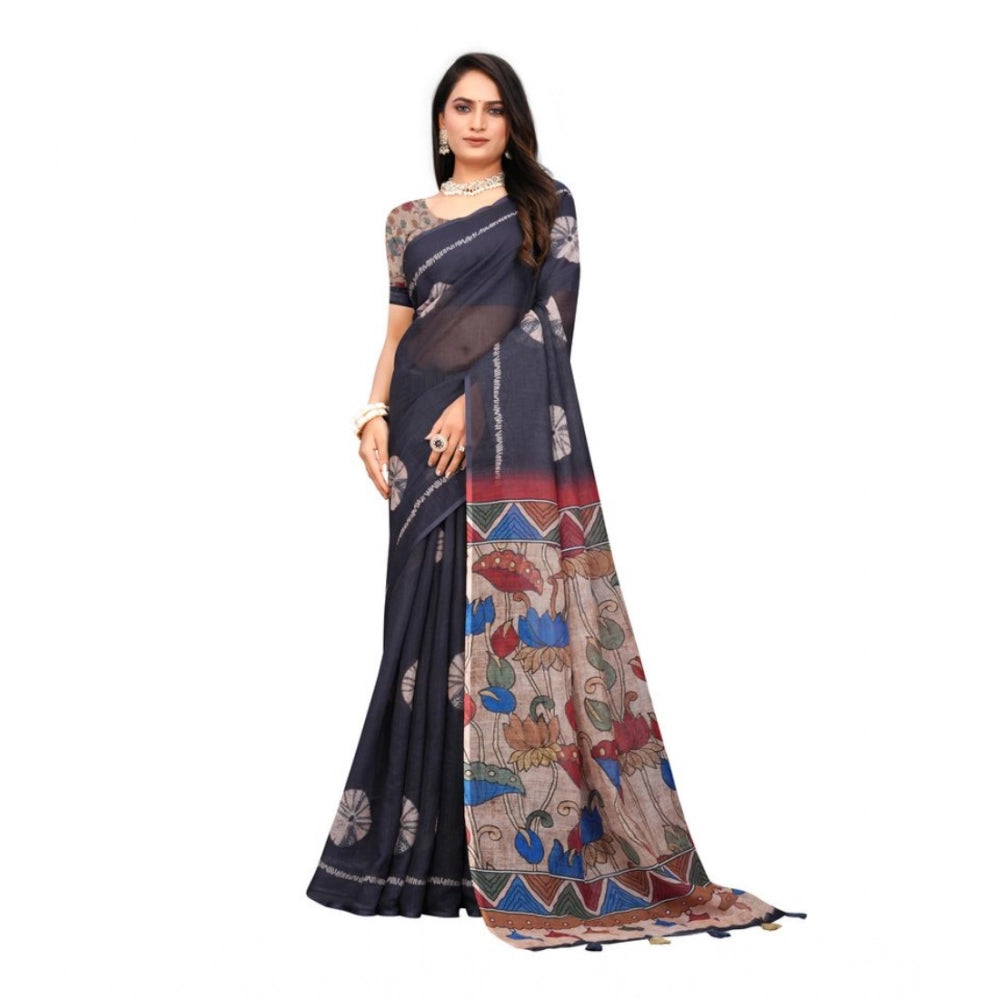 Generic Women's Linen Printed Saree With Unstitched Blouse 5.5Mtr (Black)