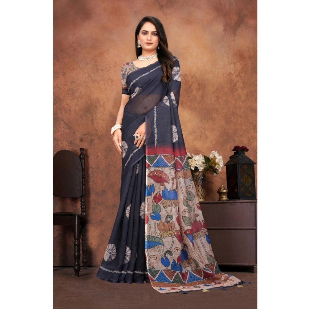 Generic Women's Linen Printed Saree With Unstitched Blouse 5.5Mtr (Black) Secondary image