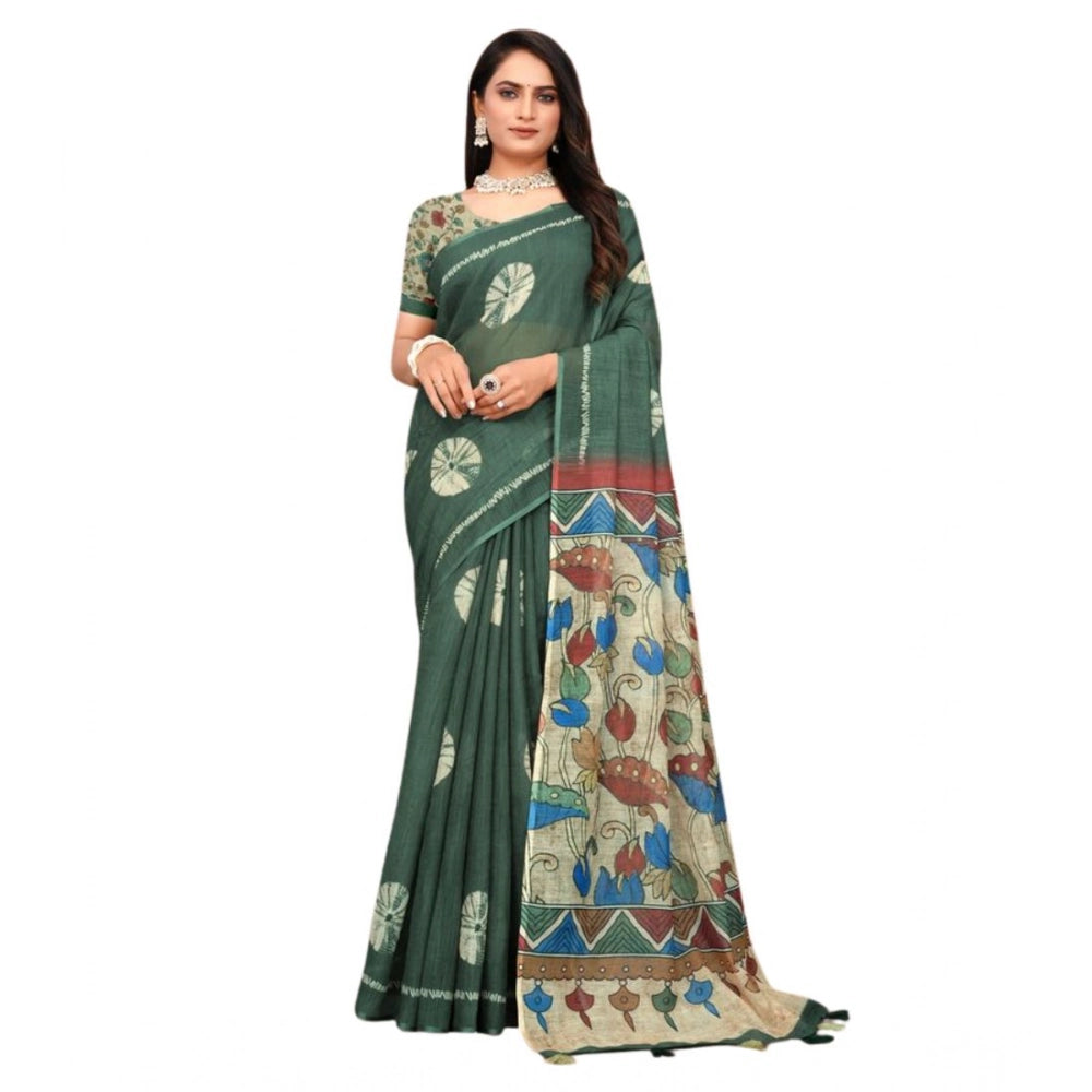 Generic Women's Linen Printed Saree With Unstitched Blouse 5.5Mtr (Dark Green)