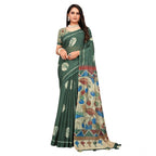 Generic Women's Linen Printed Saree With Unstitched Blouse 5.5Mtr (Dark Green)