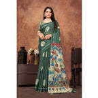 Generic Women's Linen Printed Saree With Unstitched Blouse 5.5Mtr (Dark Green)