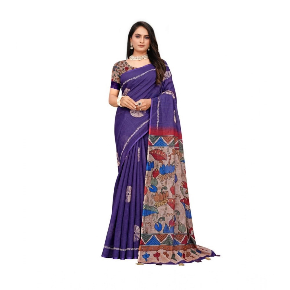 Generic Women's Linen Printed Saree With Unstitched Blouse 5.5Mtr (Purple) Main image