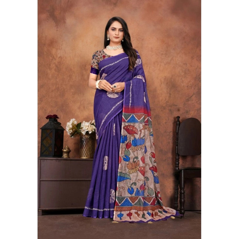 Generic Women's Linen Printed Saree With Unstitched Blouse 5.5Mtr (Purple) Secondary image