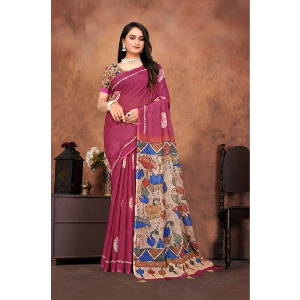Generic Women's Linen Printed Saree With Unstitched Blouse 5.5Mtr (Purple) Main image
