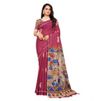 Generic Women's Linen Printed Saree With Unstitched Blouse 5.5Mtr (Purple)
