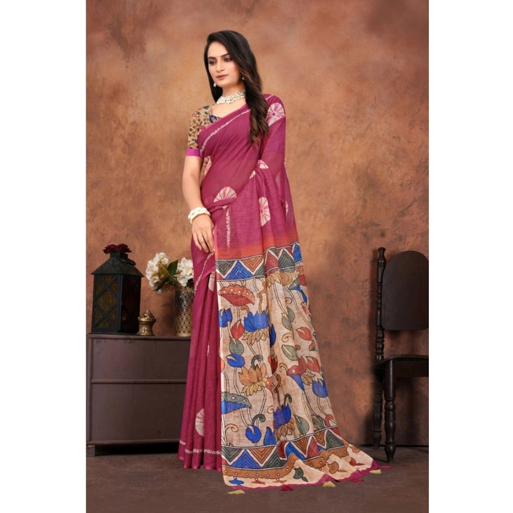 Generic Women's Linen Printed Saree With Unstitched Blouse 5.5Mtr (Purple) Secondary image