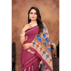 Generic Women's Linen Printed Saree With Unstitched Blouse 5.5Mtr (Purple)
