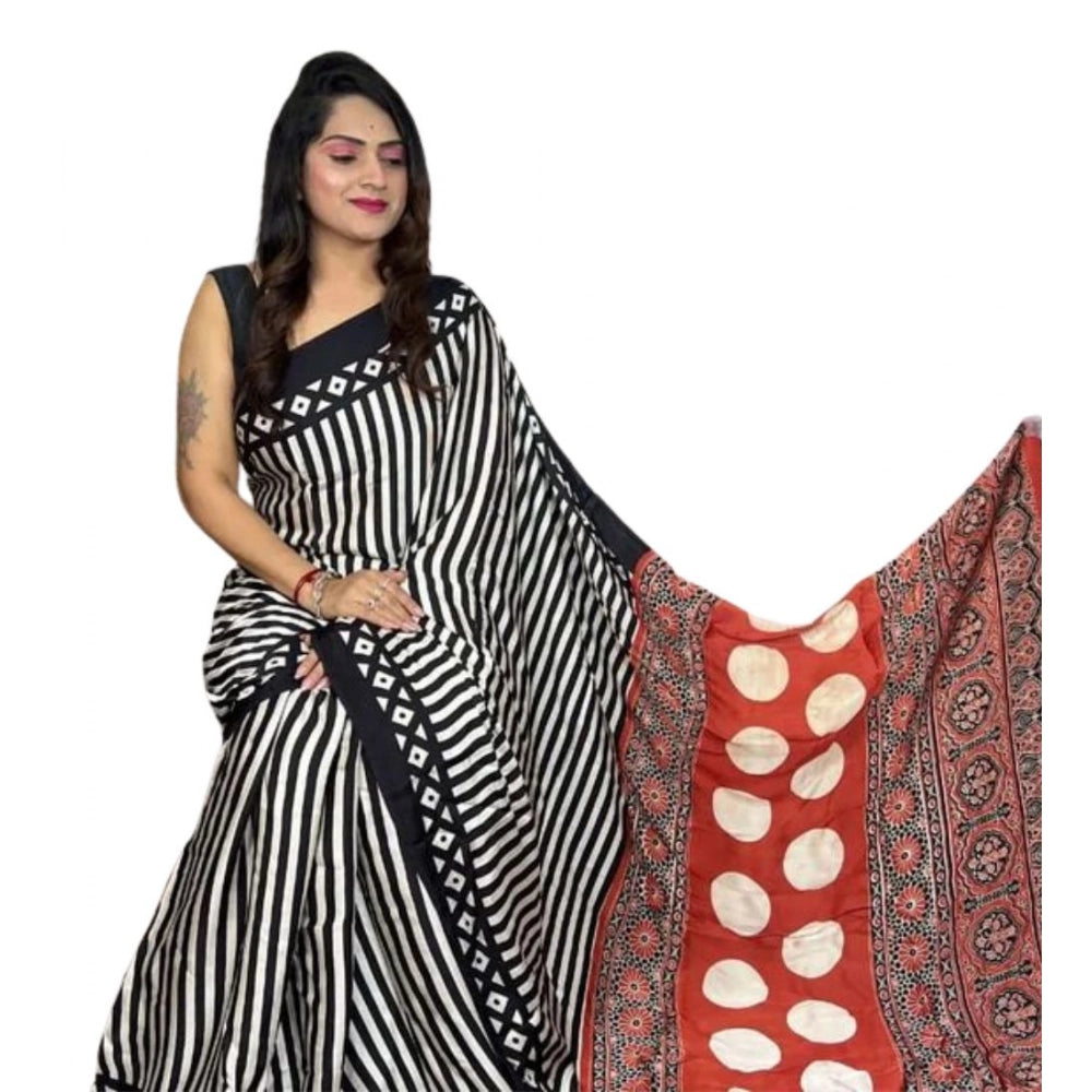 Generic Women's Satin Printed Saree With Unstitched Blouse 5.5Mtr (Black) Secondary image