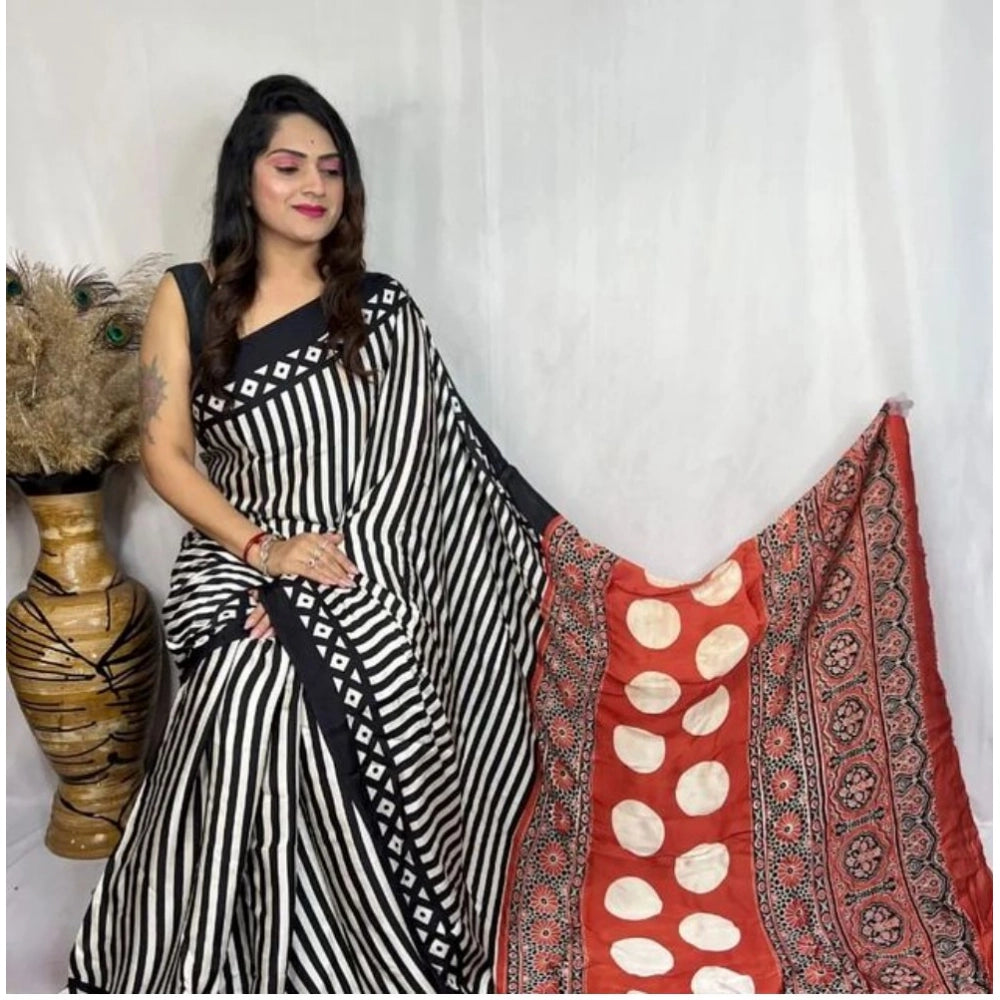 Generic Women's Satin Printed Saree With Unstitched Blouse 5.5Mtr (Black) Main image