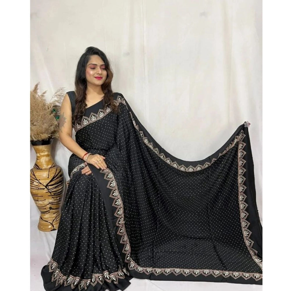 Generic Women's Satin Printed Saree With Unstitched Blouse 5.5Mtr (Black) Main image