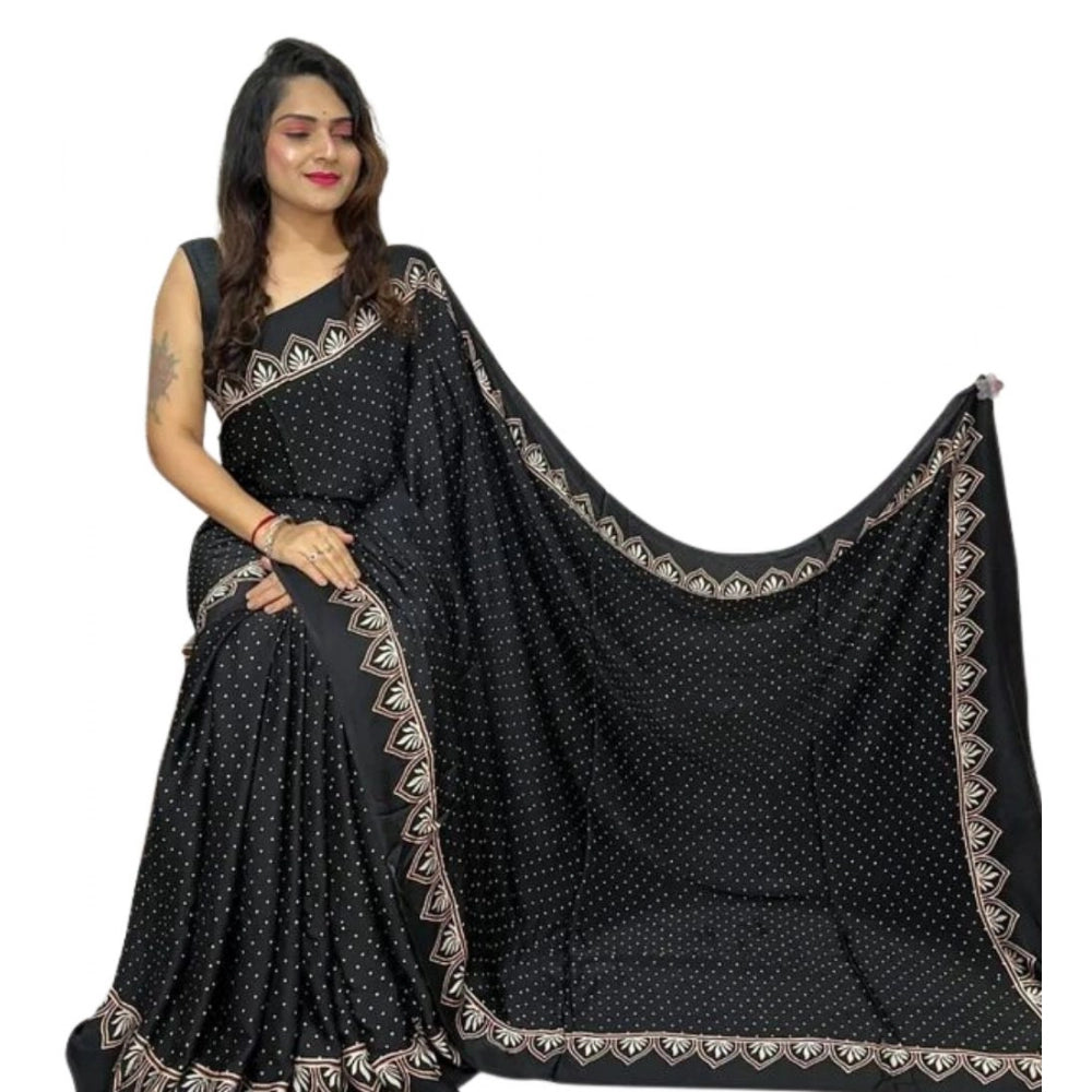 Generic Women's Satin Printed Saree With Unstitched Blouse 5.5Mtr (Black) Secondary image