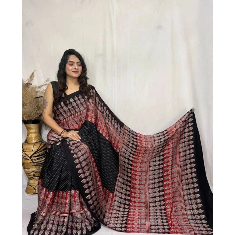 Generic Women's Satin Printed Saree With Unstitched Blouse 5.5Mtr (Black) Main image