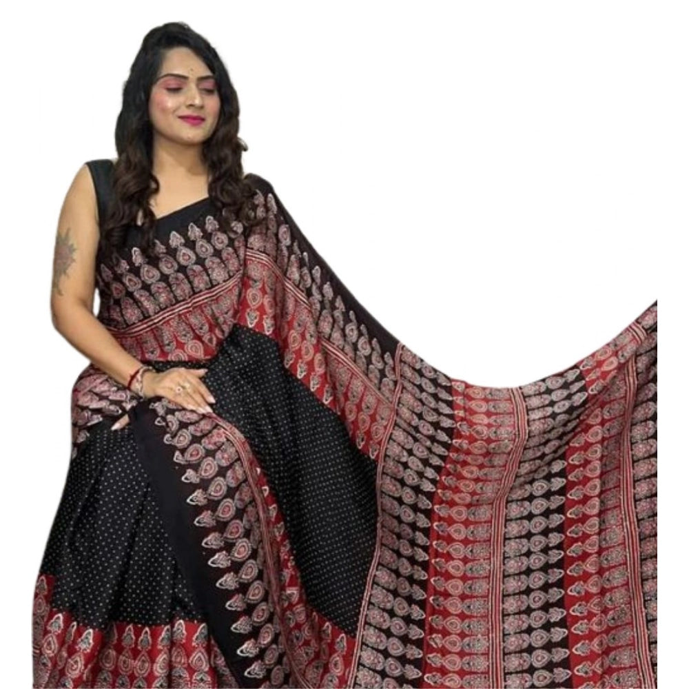 Generic Women's Satin Printed Saree With Unstitched Blouse 5.5Mtr (Black) Secondary image