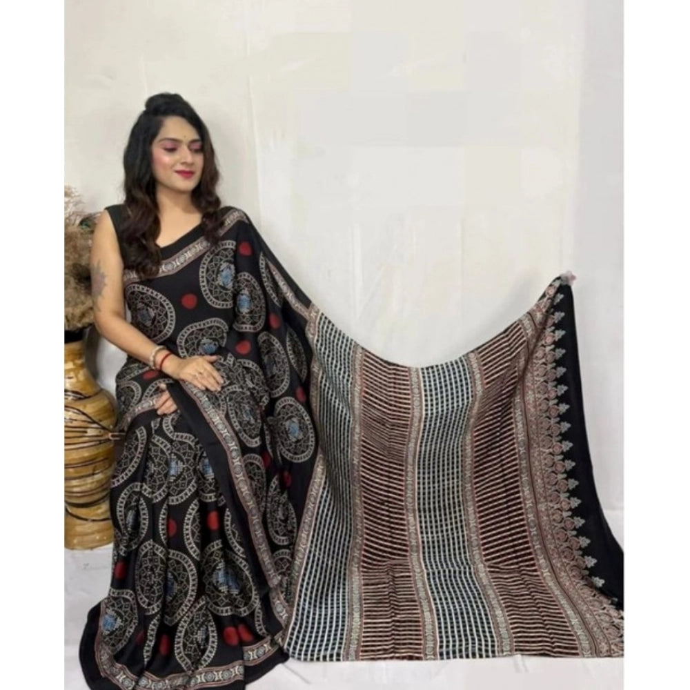 Generic Women's Satin Printed Saree With Unstitched Blouse 5.5Mtr (Black) Main image