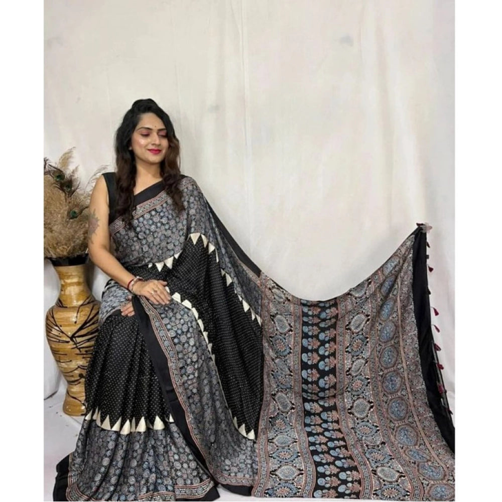 Generic Women's Satin Printed Saree With Unstitched Blouse 5.5Mtr (Black) Main image