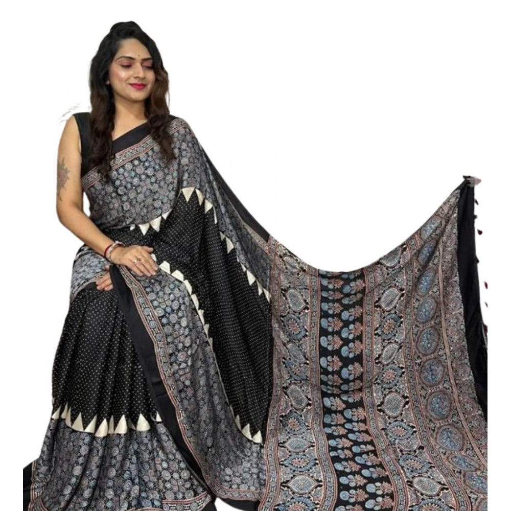 Generic Women's Satin Printed Saree With Unstitched Blouse 5.5Mtr (Black) Secondary image