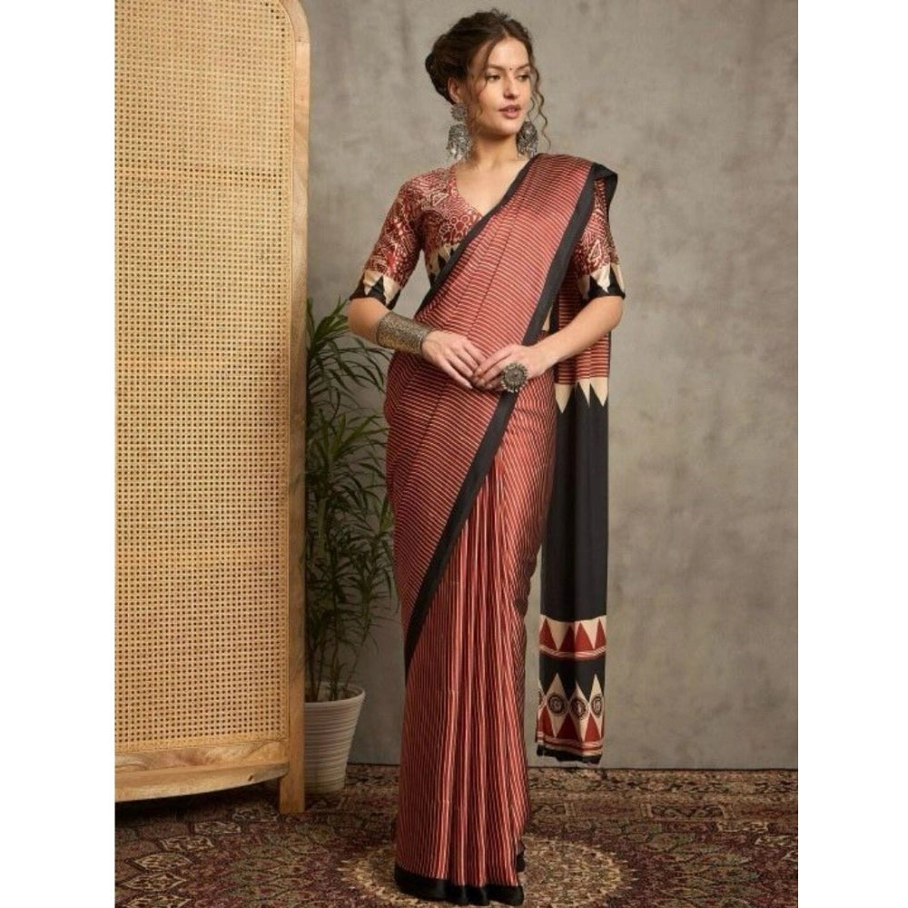 Generic Women's Satin Printed Saree With Unstitched Blouse 5.5Mtr (Black) Main image