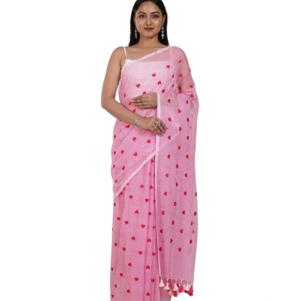 Generic Women's Linen Printed Saree With Unstitched Blouse 5.5Mtr (Pink) Secondary image