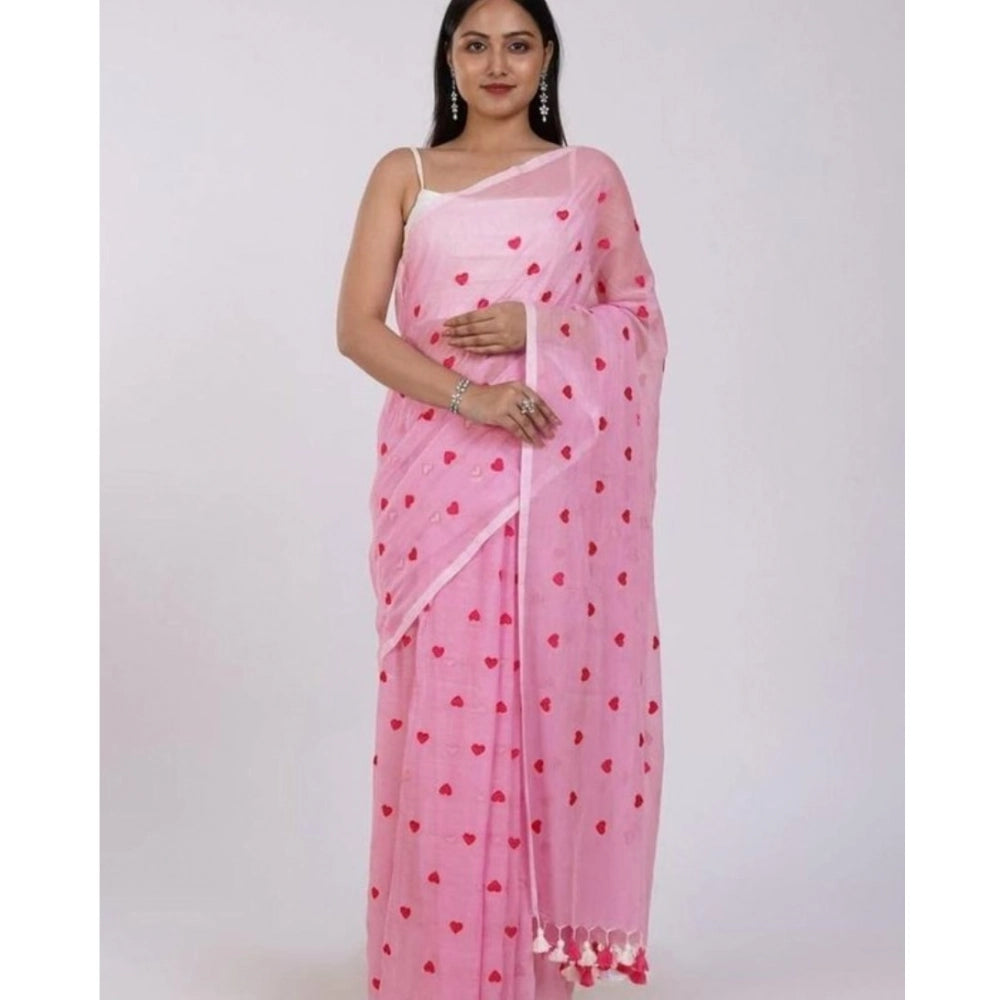 Generic Women's Linen Printed Saree With Unstitched Blouse 5.5Mtr (Pink) Main image