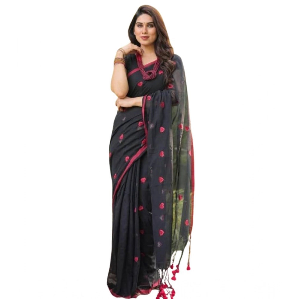 Generic Women's Linen Printed Saree With Unstitched Blouse 5.5Mtr (Black) Secondary image