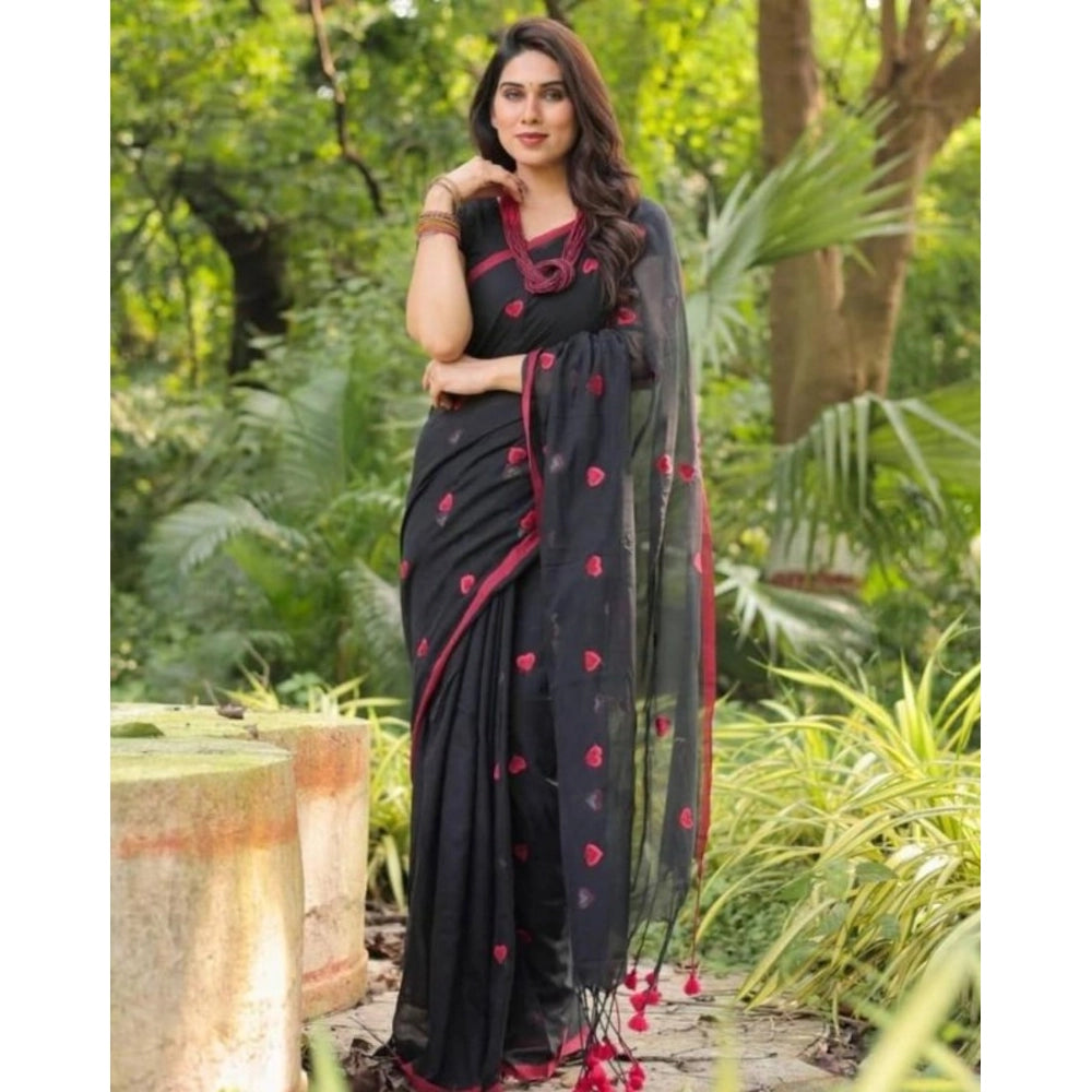 Generic Women's Linen Printed Saree With Unstitched Blouse 5.5Mtr (Black) Main image