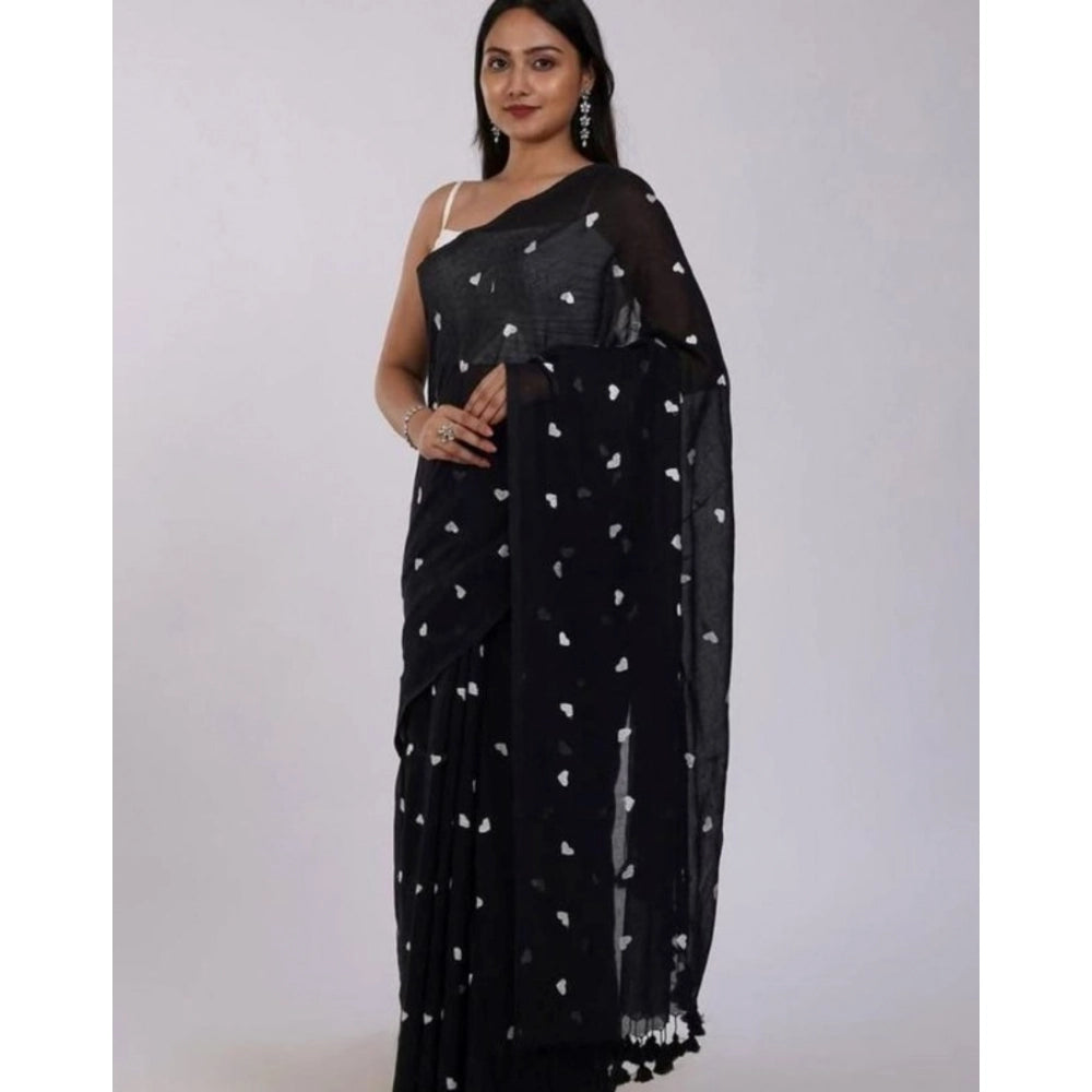 Generic Women's Linen Printed Saree With Unstitched Blouse 5.5Mtr (Black) Main image