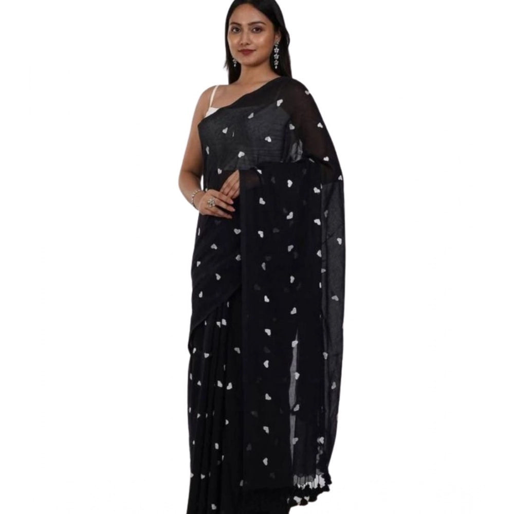 Generic Women's Linen Printed Saree With Unstitched Blouse 5.5Mtr (Black) Secondary image
