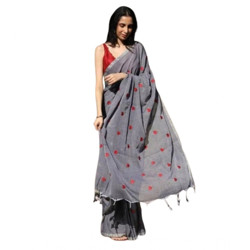 Generic Women's Linen Printed Saree With Unstitched Blouse 5.5Mtr (Grey) Secondary image