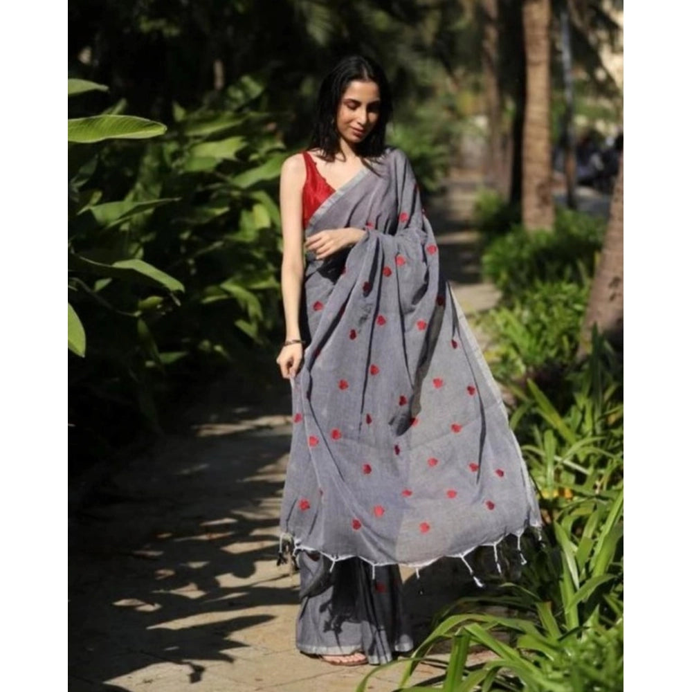 Generic Women's Linen Printed Saree With Unstitched Blouse 5.5Mtr (Grey) Main image