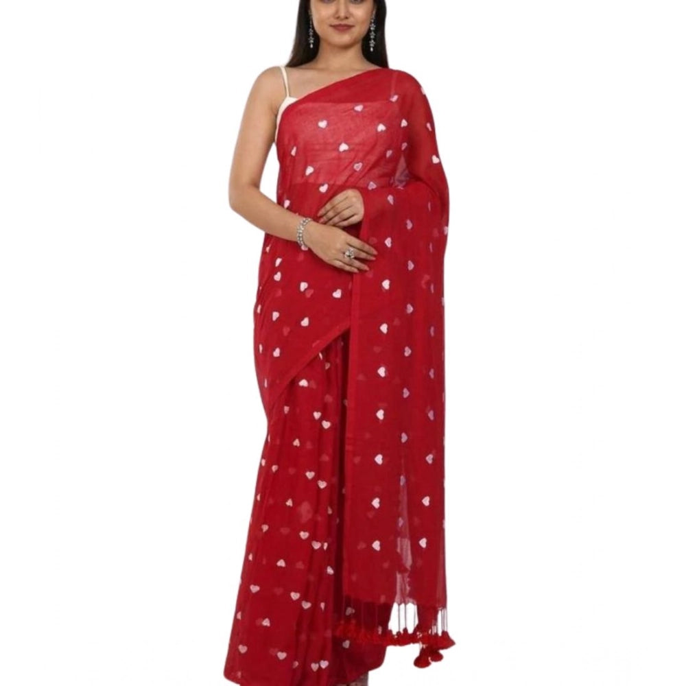 Generic Women's Linen Printed Saree With Unstitched Blouse 5.5Mtr (Red) Secondary image