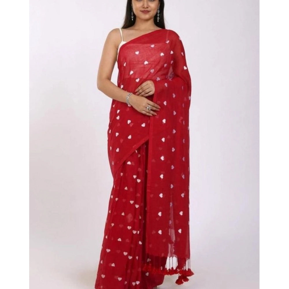 Generic Women's Linen Printed Saree With Unstitched Blouse 5.5Mtr (Red) Main image