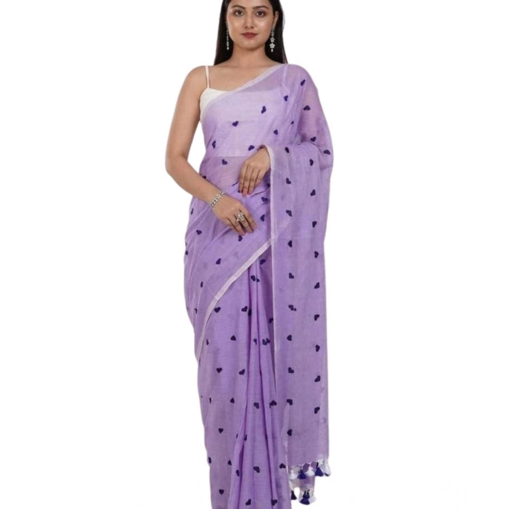 Generic Women's Linen Printed Saree With Unstitched Blouse 5.5Mtr (Purple) Secondary image