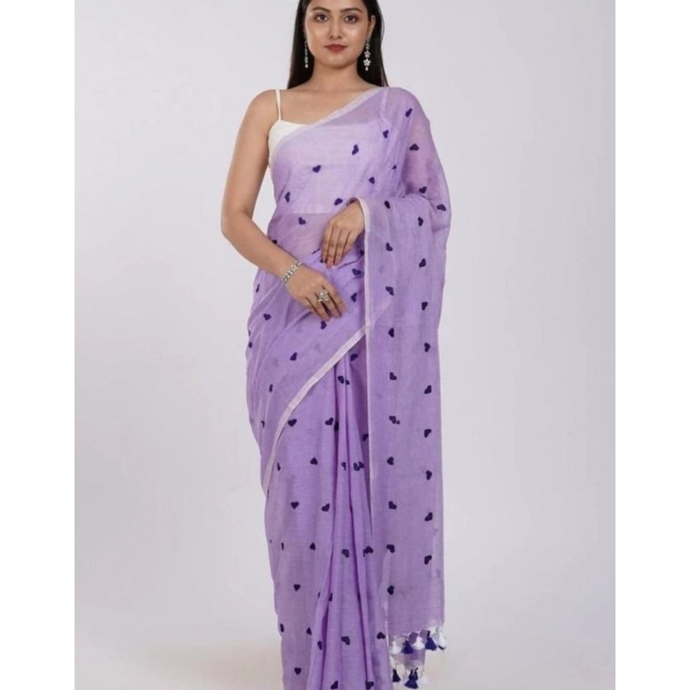 Generic Women's Linen Printed Saree With Unstitched Blouse 5.5Mtr (Purple) Main image