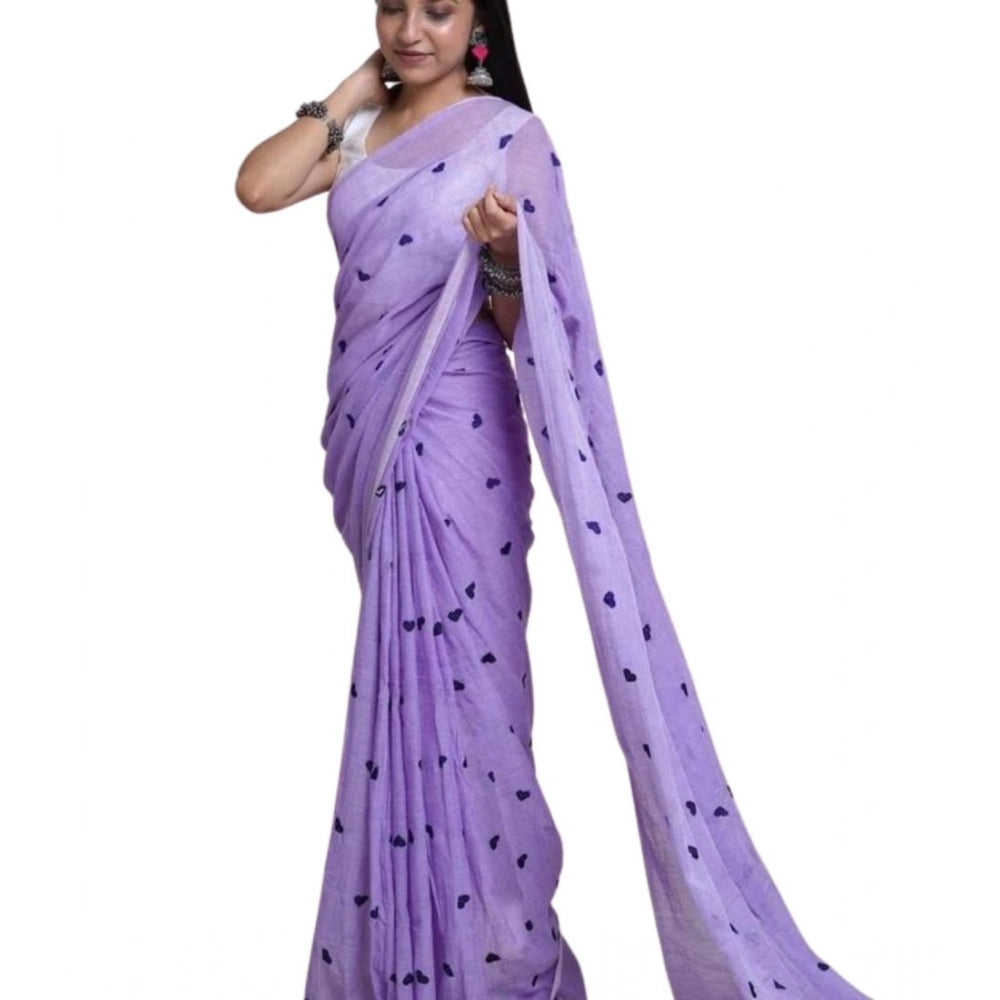 Generic Women's Linen Printed Saree With Unstitched Blouse 5.5Mtr (Purple) Secondary image