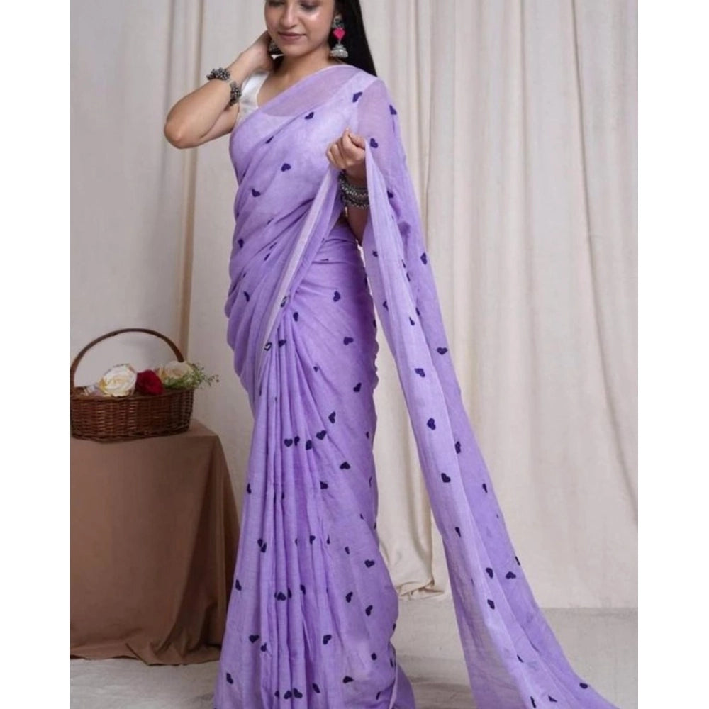 Generic Women's Linen Printed Saree With Unstitched Blouse 5.5Mtr (Purple) Main image