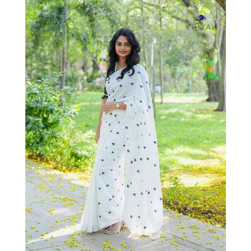 Generic Women's Linen Printed Saree With Unstitched Blouse 5.5Mtr (White) Main image