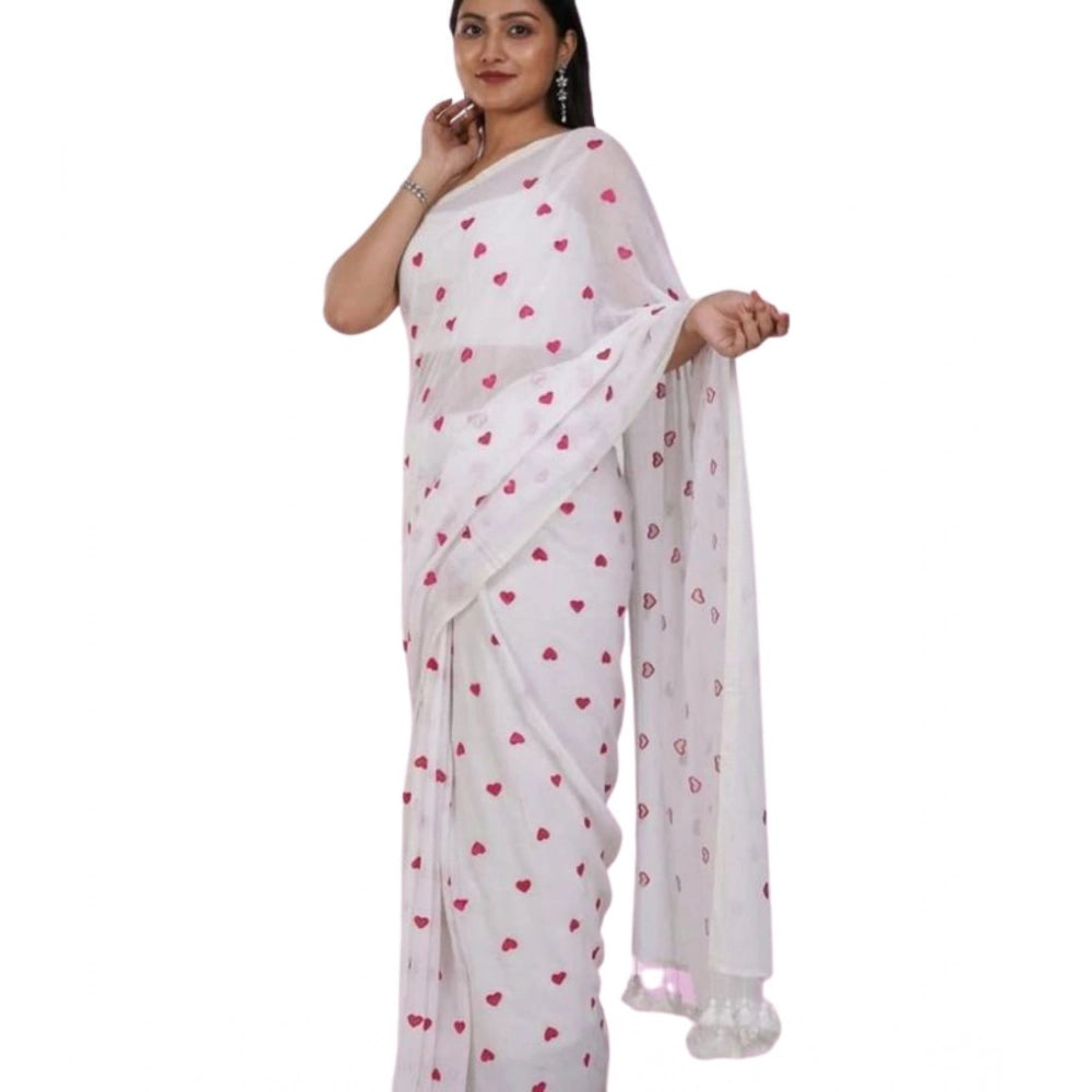 Generic Women's Linen Printed Saree With Unstitched Blouse 5.5Mtr (White) Secondary image