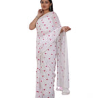 Generic Women's Linen Printed Saree With Unstitched Blouse 5.5Mtr (White)