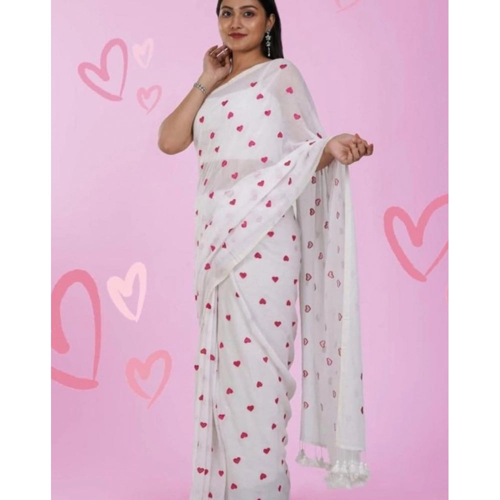 Generic Women's Linen Printed Saree With Unstitched Blouse 5.5Mtr (White)