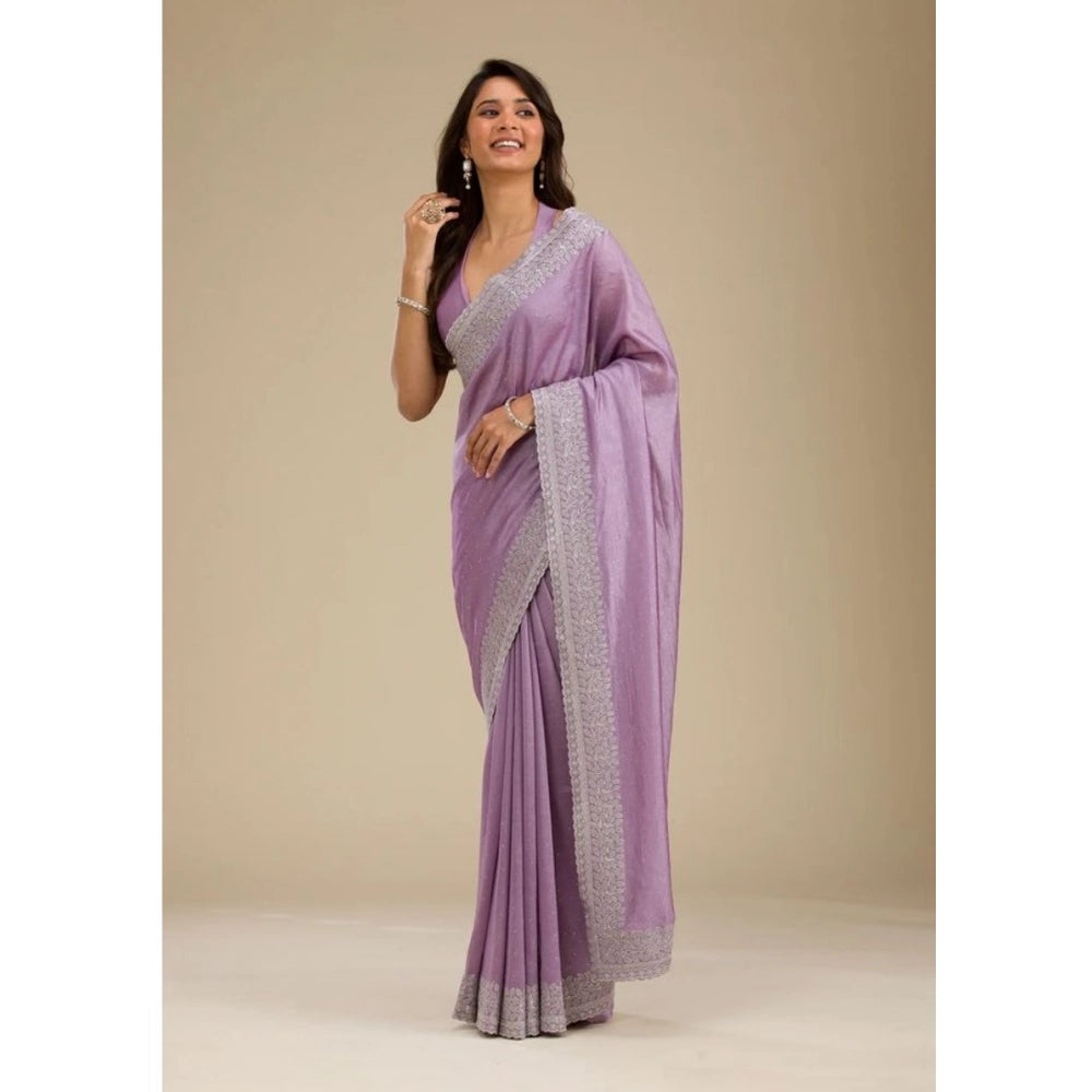 Generic Women's Silk Embroidred Saree With Unstitched Blouse 5.5Mtr (Purple) Main image